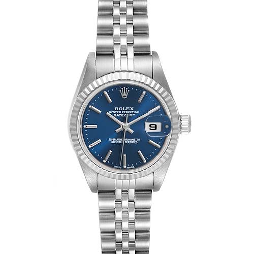 The image shows a front view of a Rolex Datejust 79174 Women's Stainless Steel Blue Dial 79174 Women's Stainless Steel Blue Dial watch, displaying its blue dial, date window, and metal bracelet.