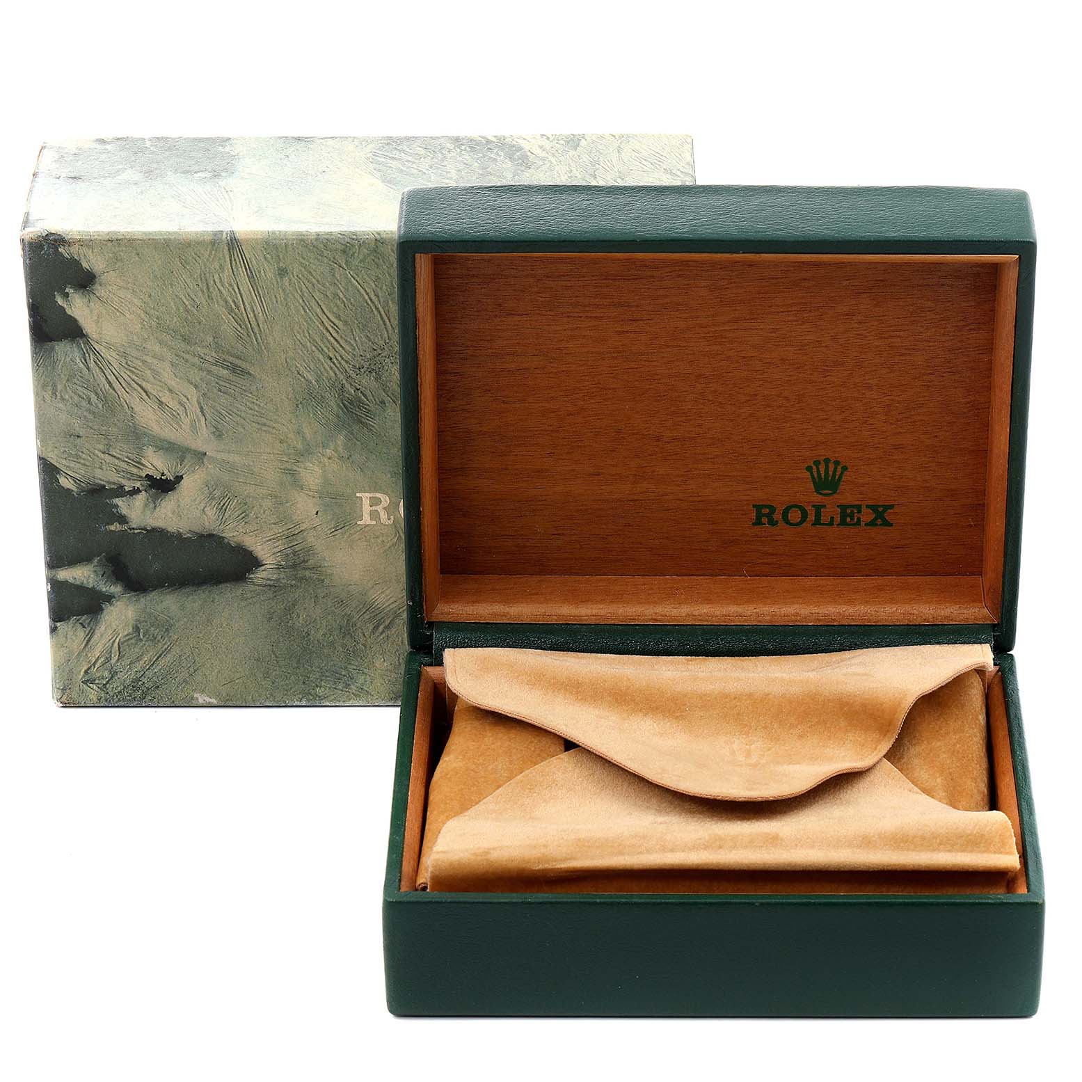 This image shows an open Rolex Datejust 69173 Women's Steel and Gold (two tone) Champagne Dial 69173 Women's Steel and Gold (two tone) Champagne Dial watch box with its outer packaging.