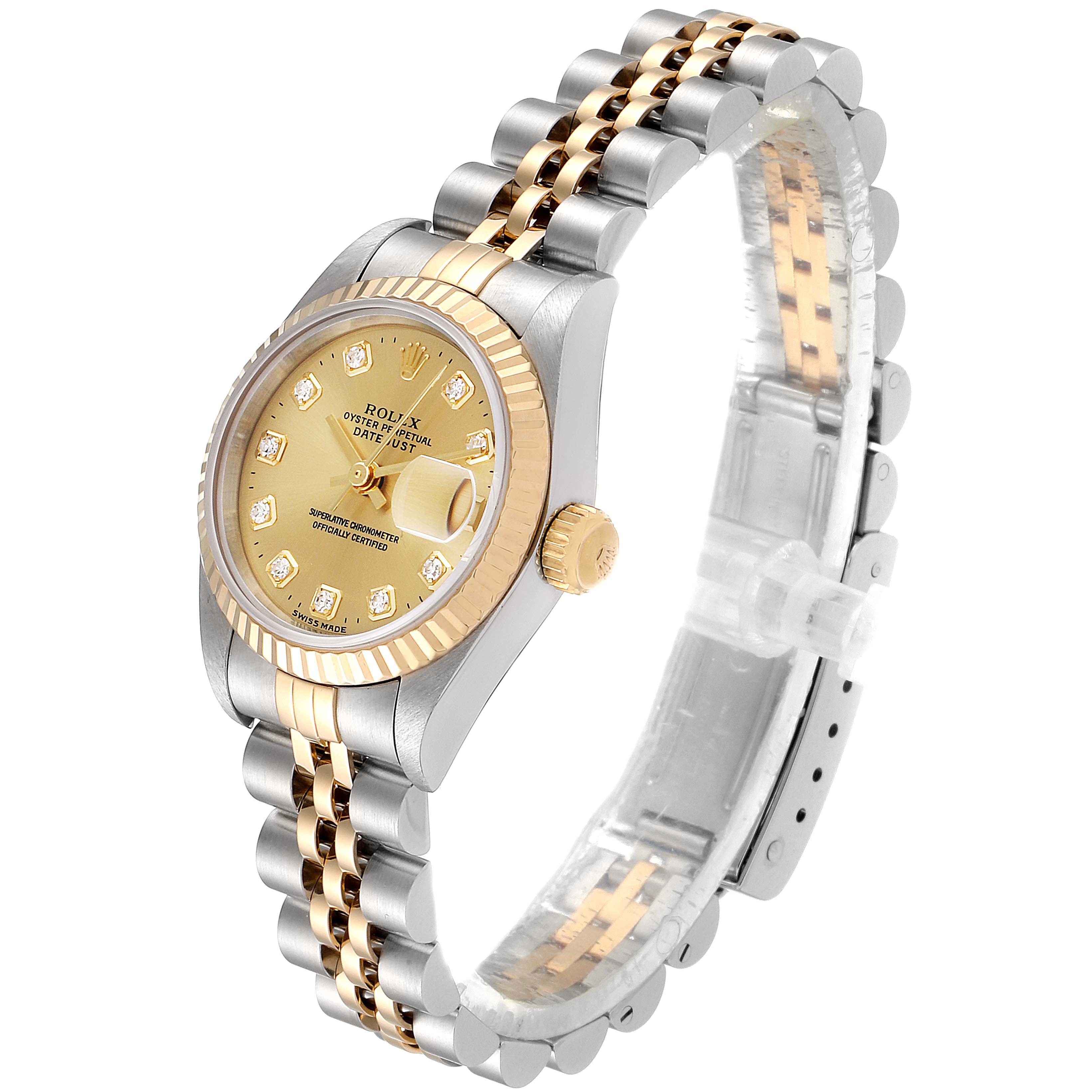 This image shows a Rolex Datejust 69173 Women's Steel and Gold (two tone) Champagne Dial 69173 Women's Steel and Gold (two tone) Champagne Dial watch at a 3/4 angle, highlighting the face, bezel, crown, and bracelet.