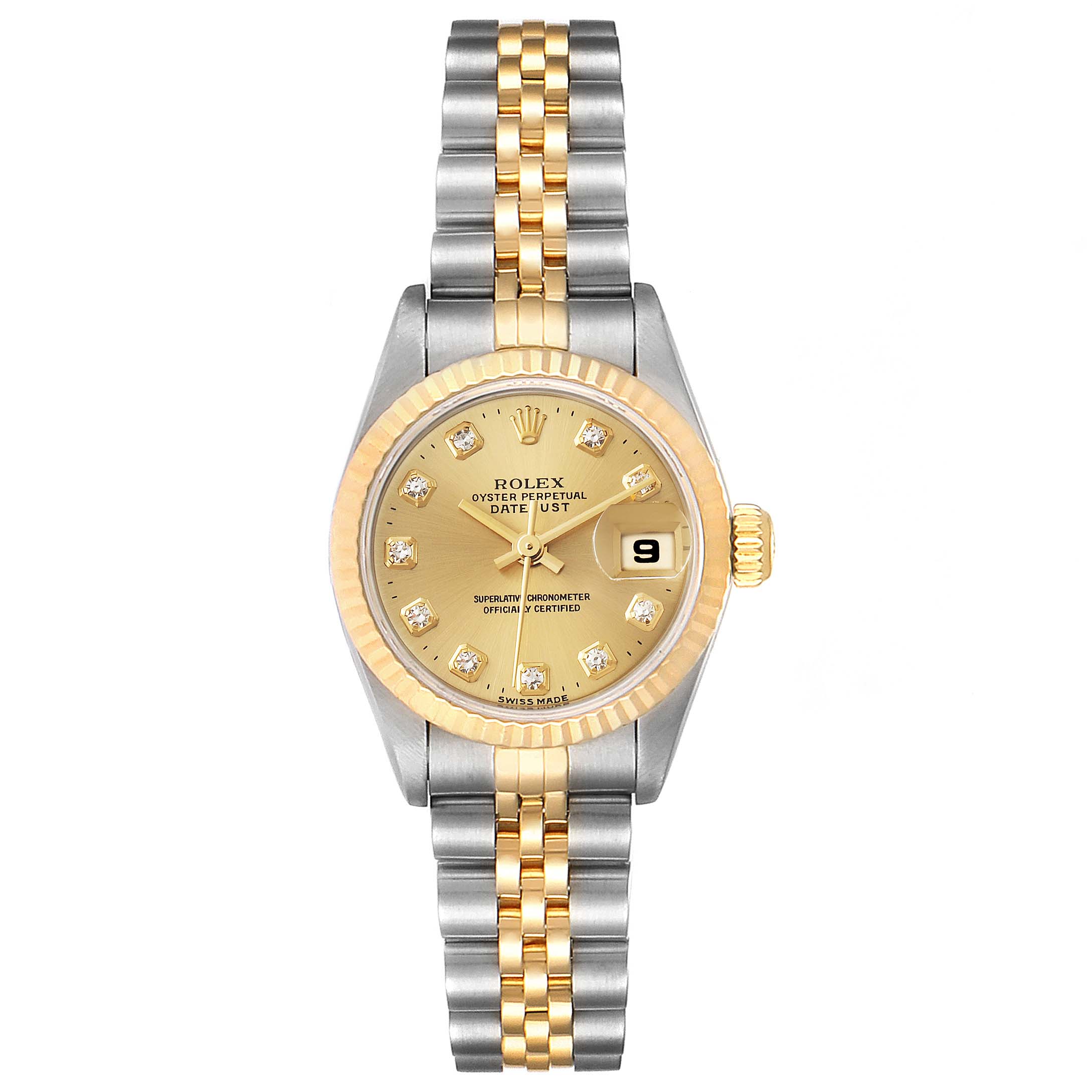 This image shows a frontal view of a Rolex Datejust 69173 Women's Steel and Gold (two tone) Champagne Dial 69173 Women's Steel and Gold (two tone) Champagne Dial watch, highlighting its gold bezel, dial, and two-tone bracelet.