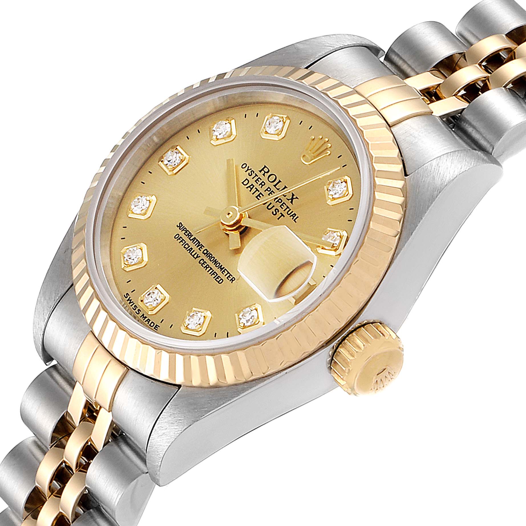 The image shows a Rolex Datejust 69173 Women's Steel and Gold (two tone) Champagne Dial 69173 Women's Steel and Gold (two tone) Champagne Dial watch at an angle highlighting the golden dial, fluted bezel, and two-tone bracelet.