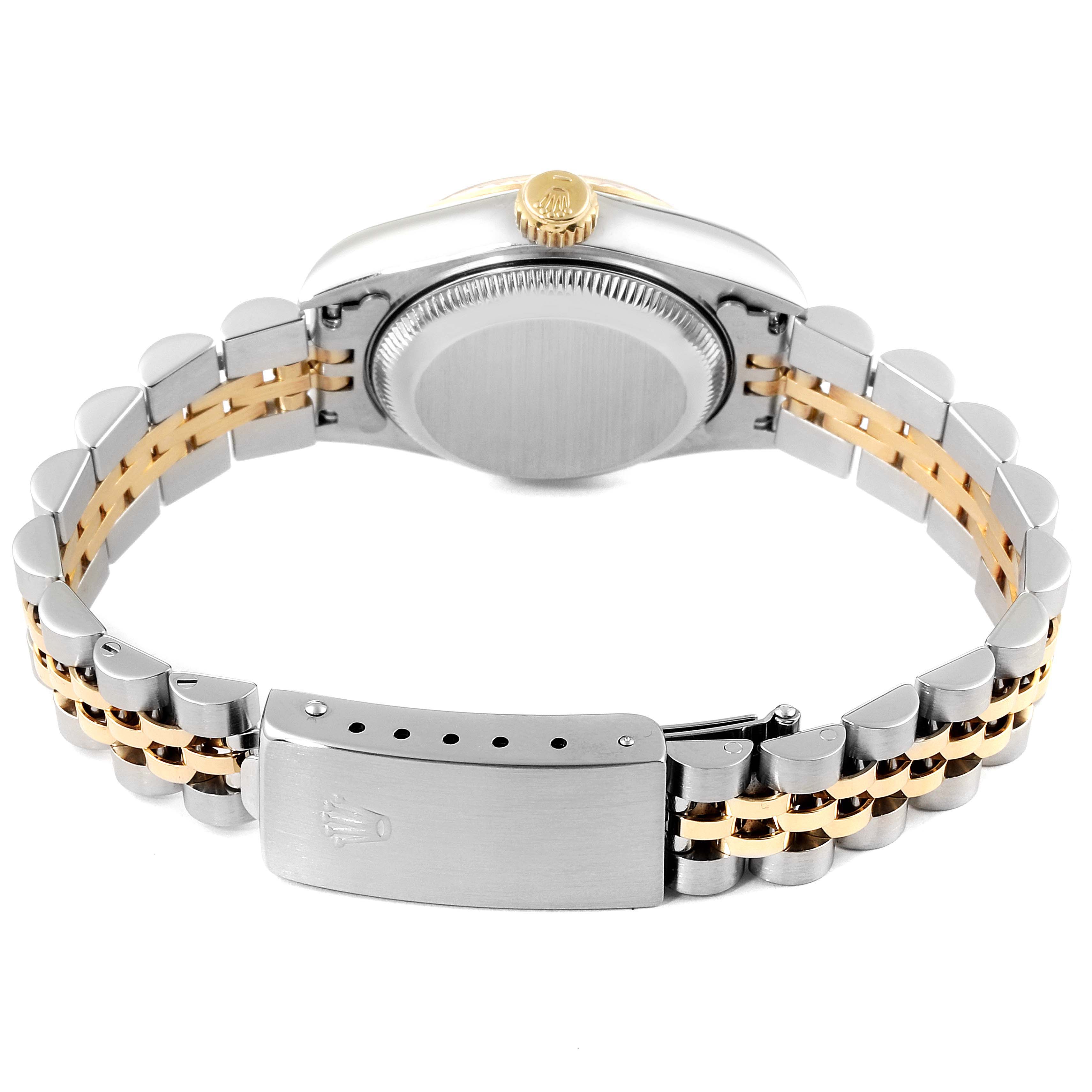 This image shows the back view of a Rolex Datejust 69173 Women's Steel and Gold (two tone) Champagne Dial 69173 Women's Steel and Gold (two tone) Champagne Dial watch, including its case, crown, and two-tone bracelet with clasp.
