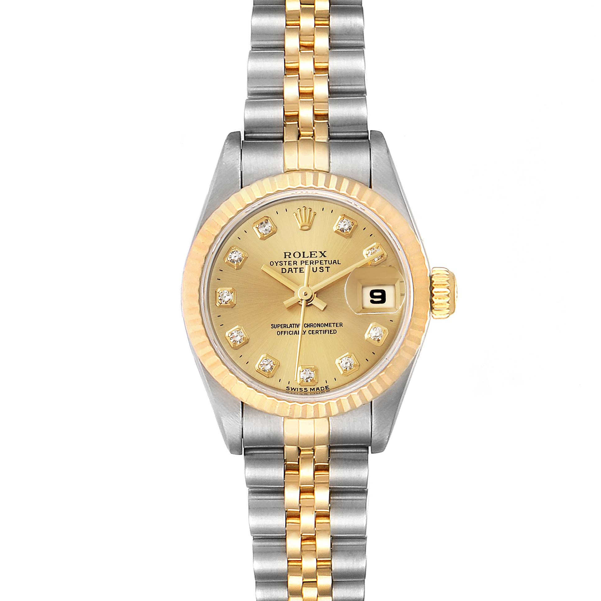 The Rolex Datejust 69173 Women's Steel and Gold (two tone) Champagne Dial 69173 Women's Steel and Gold (two tone) Champagne Dial watch is shown from a top view, displaying the dial, bezel, crown, and bracelet.