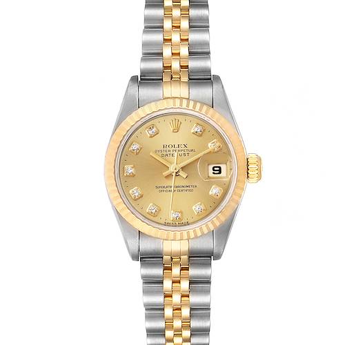 This image shows a front view of a Rolex Datejust 69173 Women's Steel and Gold (two tone) Champagne Dial 69173 Women's Steel and Gold (two tone) Champagne Dial watch, displaying the face, bezel, and bracelet.