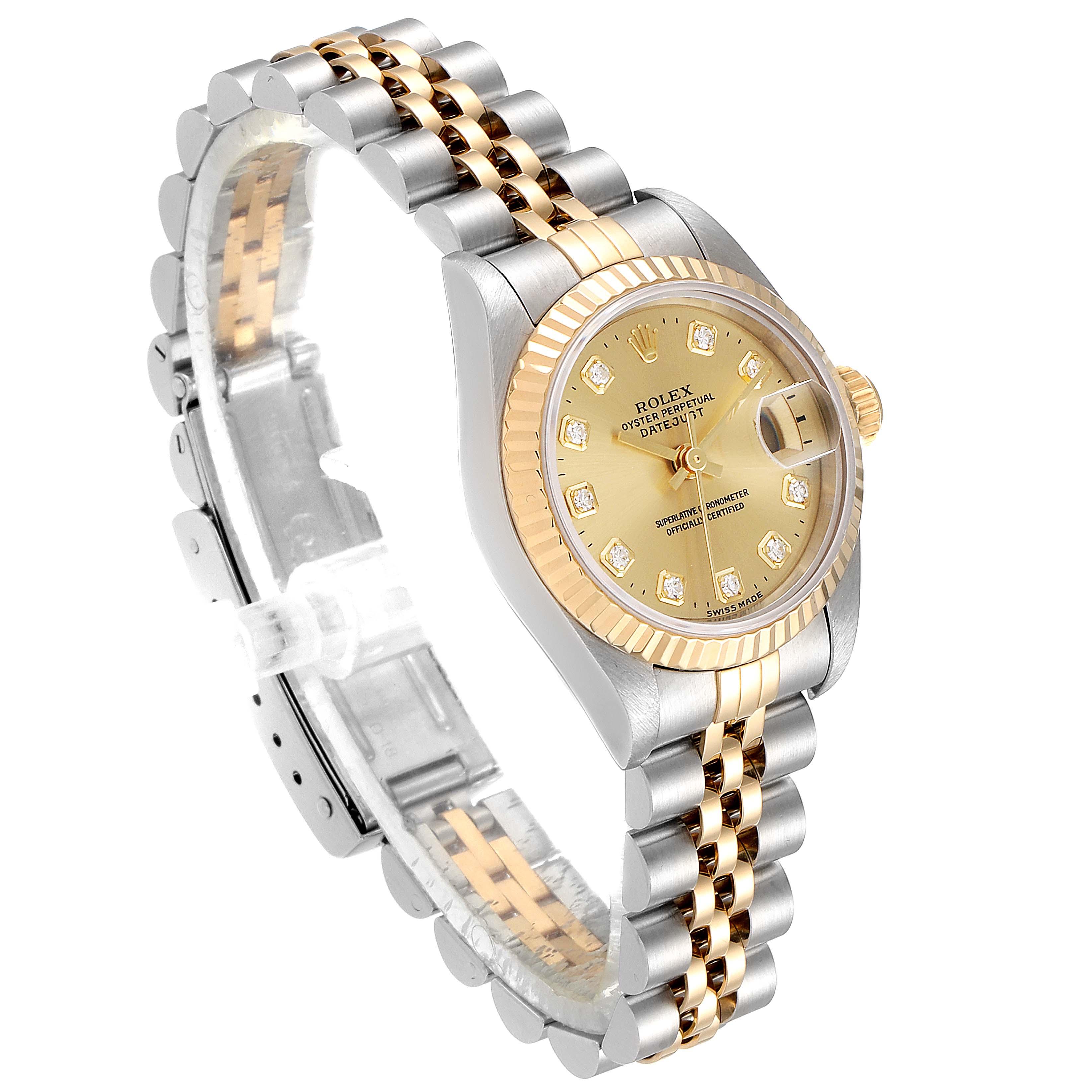 The image shows a Rolex Datejust 69173 Women's Steel and Gold (two tone) Champagne Dial 69173 Women's Steel and Gold (two tone) Champagne Dial watch at an angle highlighting its face, bezel, and two-tone bracelet.