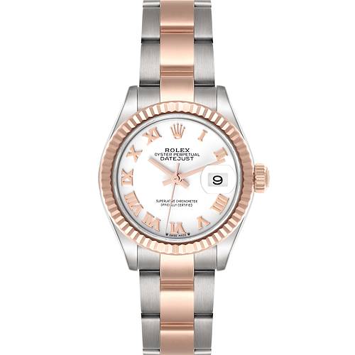 The Rolex Datejust 279171 Women's Steel and Gold (two tone) White Dial 279171 Women's Steel and Gold (two tone) White Dial watch is shown from a front angle, displaying the dial, fluted bezel, and two-tone bracelet.