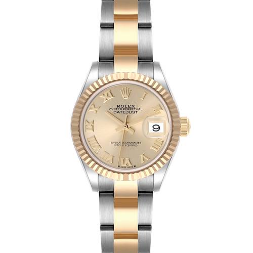The Rolex Datejust 279173 Women's Steel and Gold (two tone) Champagne Dial 279173 Women's Steel and Gold (two tone) Champagne Dial watch is shown from a front angle, displaying the dial, bezel, and bracelet.
