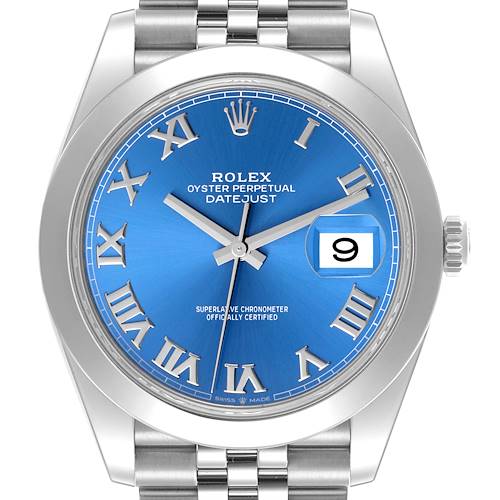The Rolex Datejust 41 126300 Men's Stainless Steel Blue Dial 126300 Men's Stainless Steel Blue Dial is shown from a front angle, highlighting the blue dial, Roman numerals, and the date window at 3 o'clock.