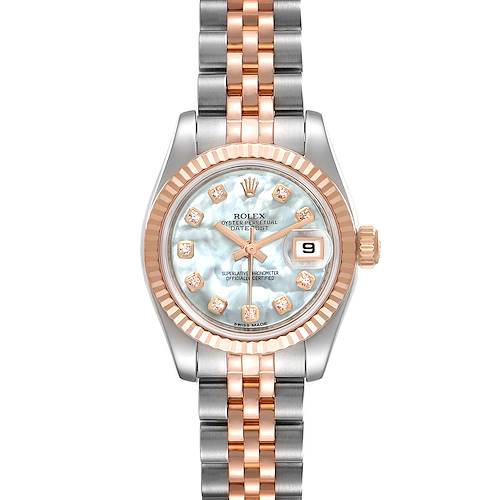 The Rolex Datejust 179171 Women's Steel and Gold (two tone) Mother of Pearl Dial 179171 Women's Steel and Gold (two tone) Mother of Pearl Dial watch is shown from a front angle, displaying its dial, bracelet, crown, and date window.