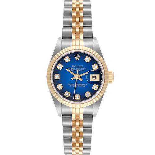 The Rolex Datejust 69173 Women's Steel and Gold (two tone) Blue Dial 69173 Women's Steel and Gold (two tone) Blue Dial watch is shown from a top-down angle, displaying the face, bezel, and Jubilee bracelet.