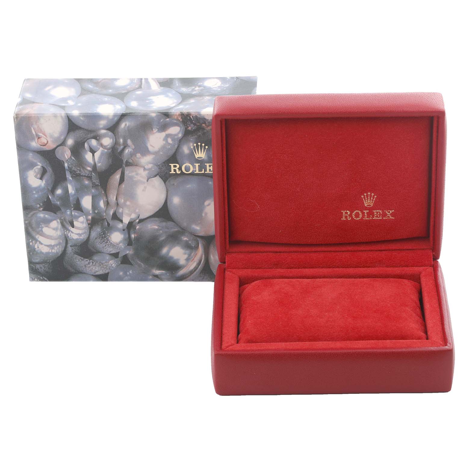 The image shows a red Rolex Datejust 69173 Women's Steel and Gold (two tone) Blue Dial 69173 Women's Steel and Gold (two tone) Blue Dial watch box and case, open with no watch inside.