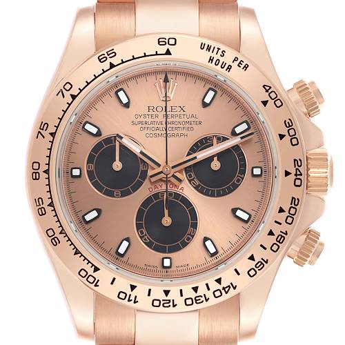 The image shows a front view of the Rolex Daytona 116505 Men's Rose Gold Champagne Dial 116505 Men's Rose Gold Champagne Dial watch, highlighting the dial, bezel, and pushers.
