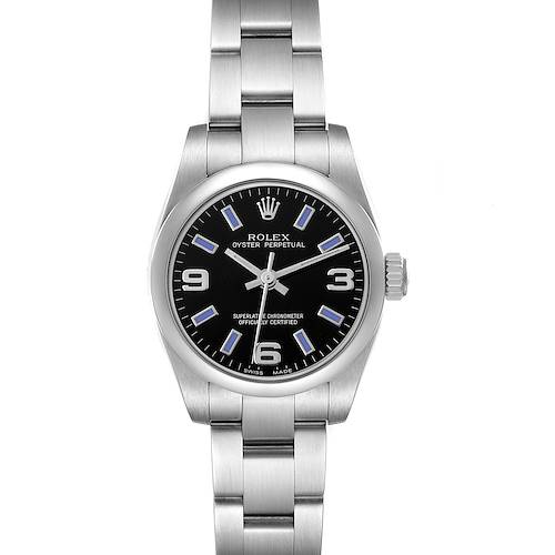 The Rolex Oyster Perpetual 176200 Women's Stainless Steel Black Dial 176200 Women's Stainless Steel Black Dial is shown from the front, displaying its dial, bezel, and bracelet.