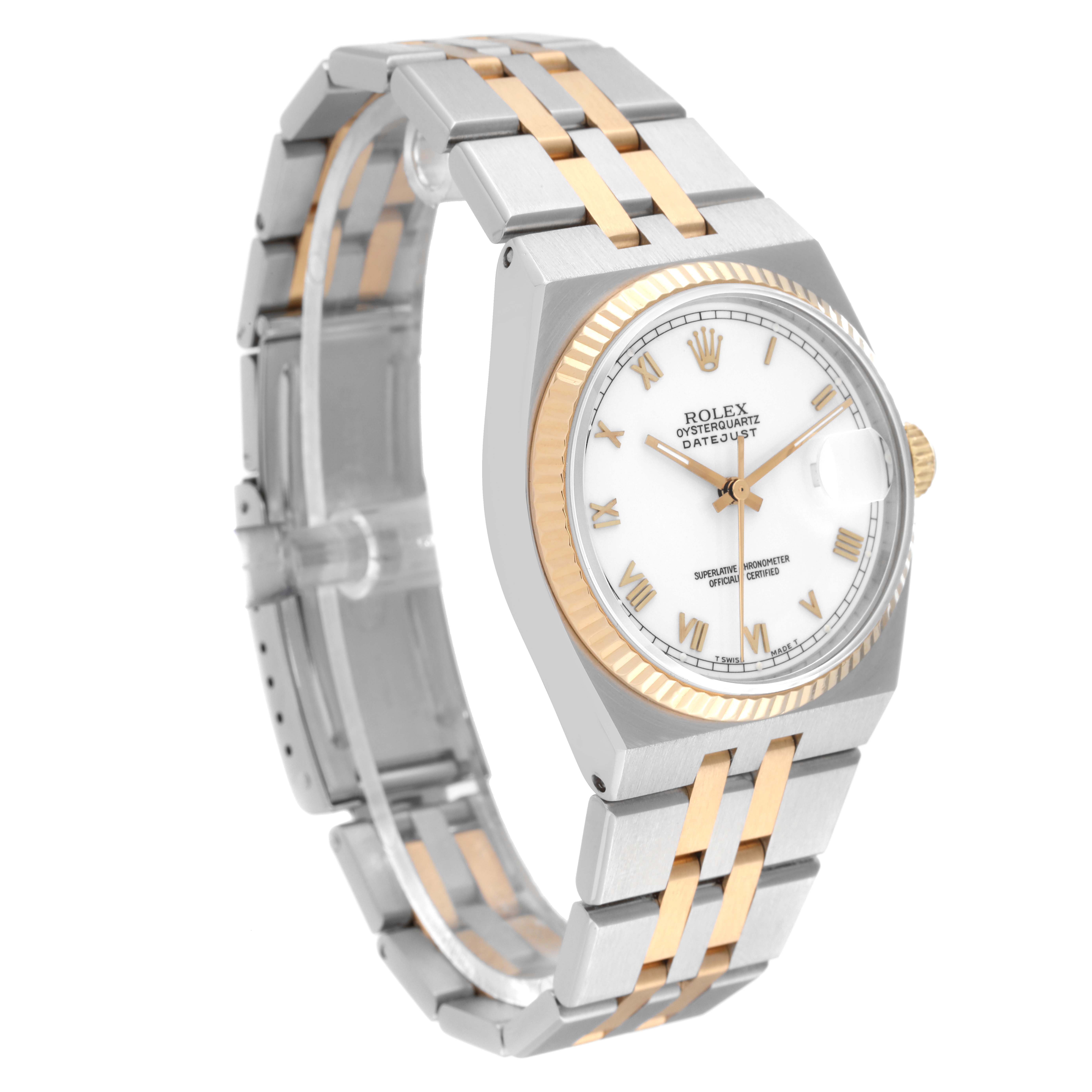 The image shows a Rolex Oysterquartz 17013 Men's Steel and Gold (two tone) White Dial 17013 Men's Steel and Gold (two tone) White Dial watch from a three-quarter angle, highlighting the dial, bezel, and bracelet.