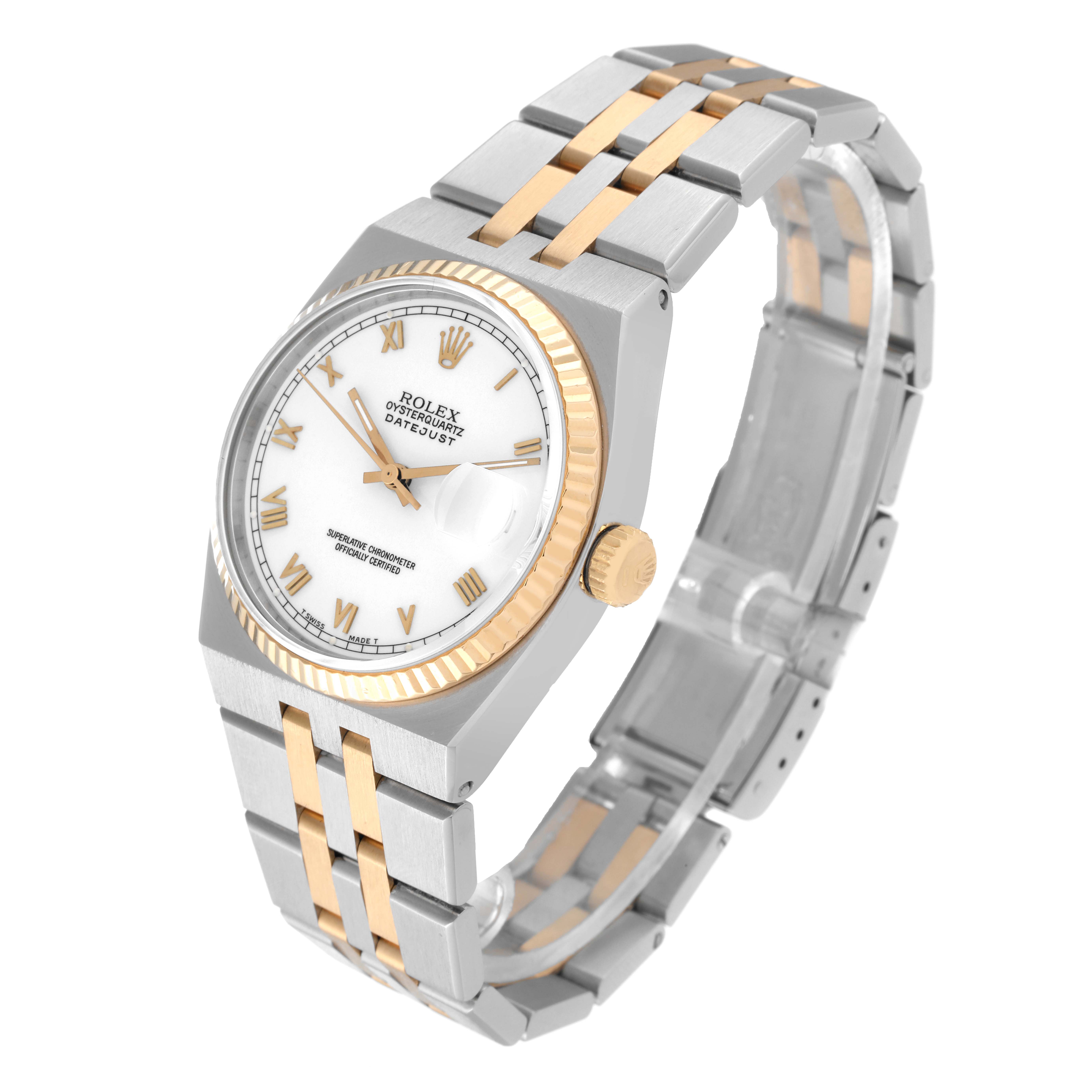 The image shows an angled view of the Rolex Oysterquartz 17013 Men's Steel and Gold (two tone) White Dial 17013 Men's Steel and Gold (two tone) White Dial, featuring its two-tone bracelet, crown, and fluted bezel.