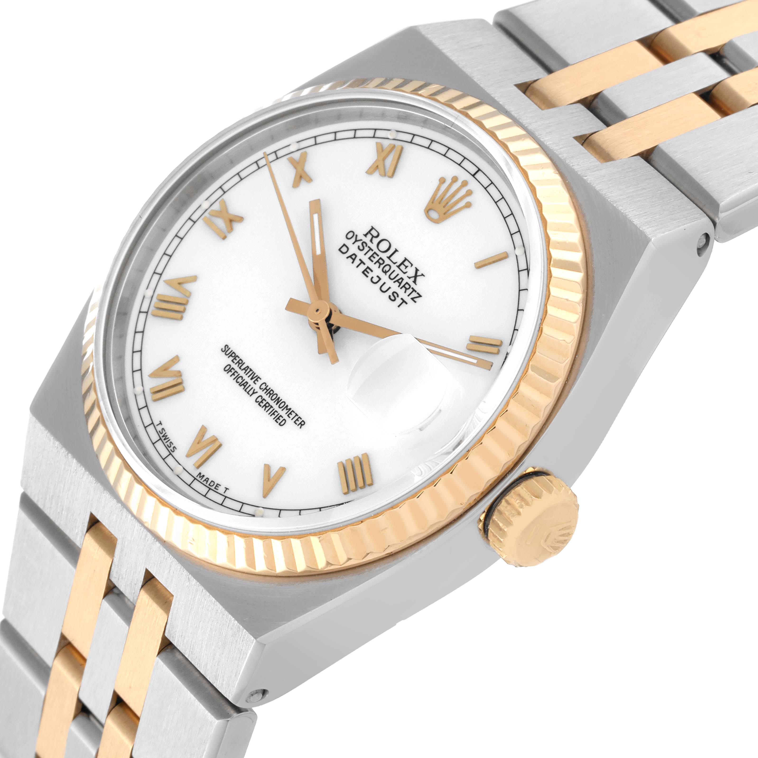 This image shows a close-up angle of the Rolex Oysterquartz 17013 Men's Steel and Gold (two tone) White Dial 17013 Men's Steel and Gold (two tone) White Dial Datejust watch, featuring its dial, bezel, crown, and part of the bracelet.