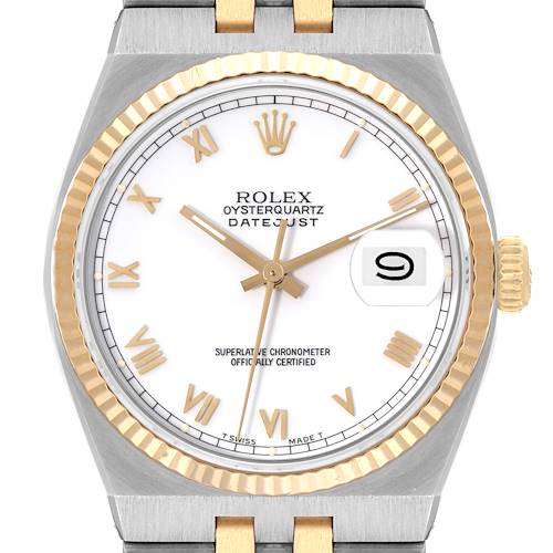 This image shows a Rolex Oysterquartz 17013 Men's Steel and Gold (two tone) White Dial 17013 Men's Steel and Gold (two tone) White Dial Datejust watch face, bezel, and part of the bracelet from the front angle.