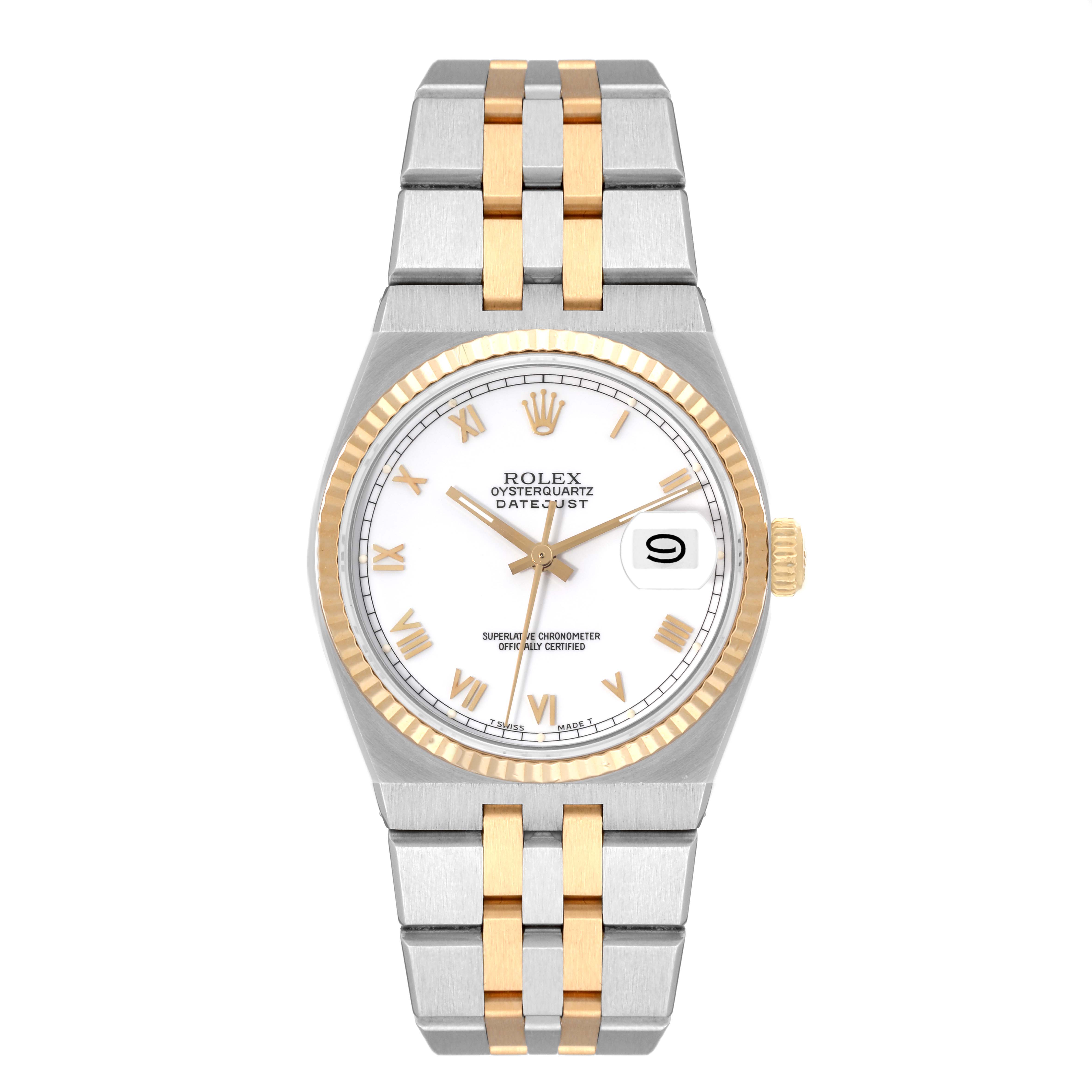 The image shows a front view of a Rolex Oysterquartz 17013 Men's Steel and Gold (two tone) White Dial 17013 Men's Steel and Gold (two tone) White Dial Datejust watch, highlighting the dial, bezel, and two-tone bracelet.