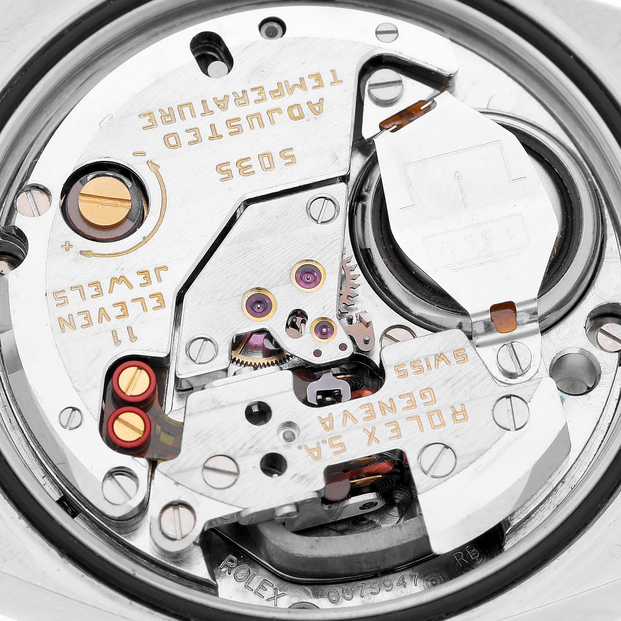 This image shows the intricate internal movement components of the Rolex Oysterquartz 17013 Men's Steel and Gold (two tone) White Dial 17013 Men's Steel and Gold (two tone) White Dial watch from a close-up angle.