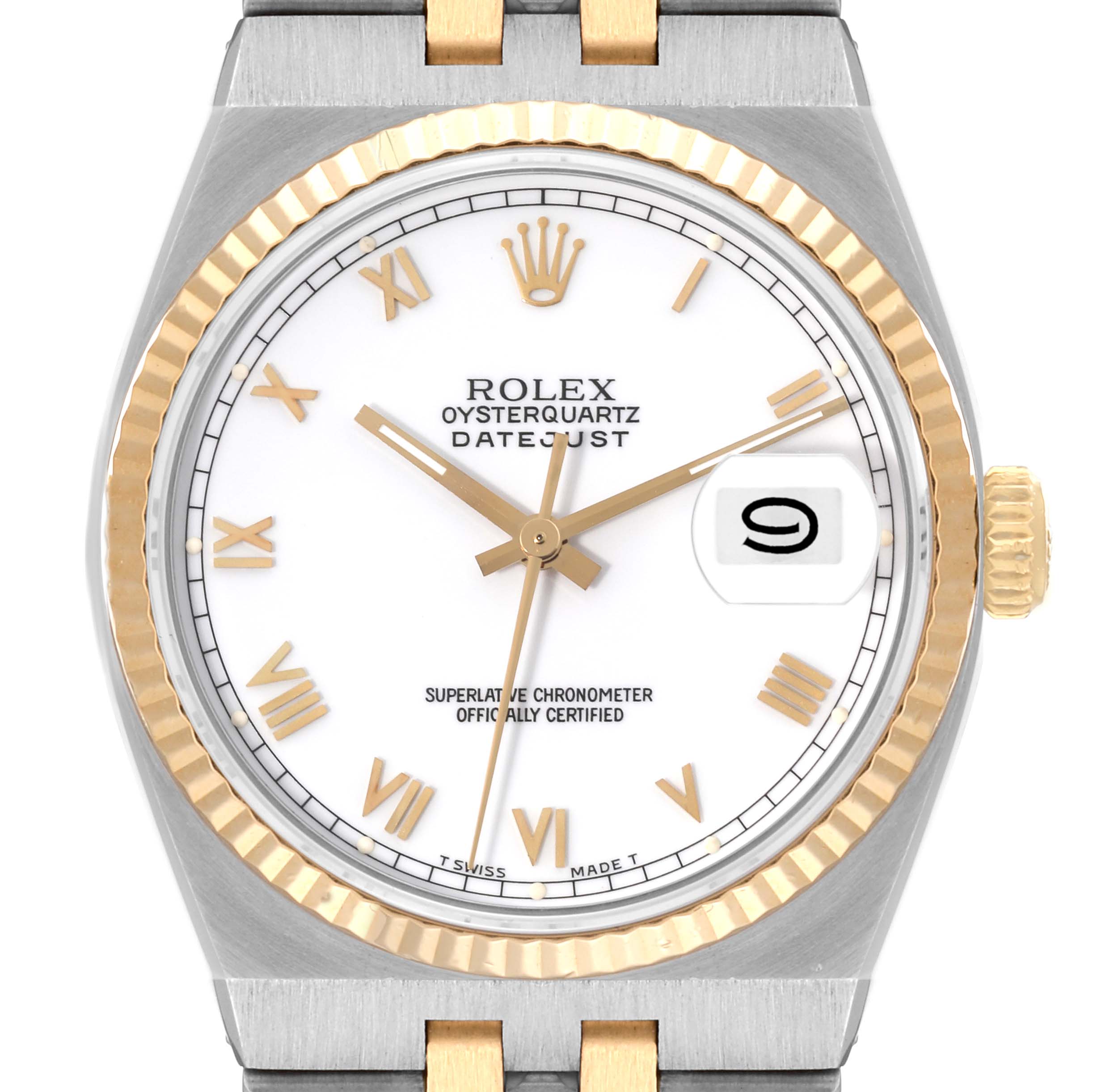 The image shows a Rolex Oysterquartz 17013 Men's Steel and Gold (two tone) White Dial 17013 Men's Steel and Gold (two tone) White Dial Datejust watch from a front angle, highlighting the dial, hands, crown, and bezel.
