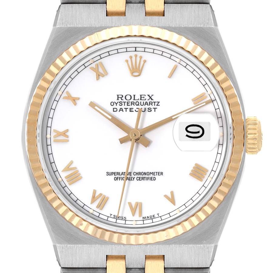 The image shows a Rolex Oysterquartz 17013 Men's Steel and Gold (two tone) White Dial 17013 Men's Steel and Gold (two tone) White Dial Datejust watch from a front angle, highlighting the dial, hands, crown, and bezel.