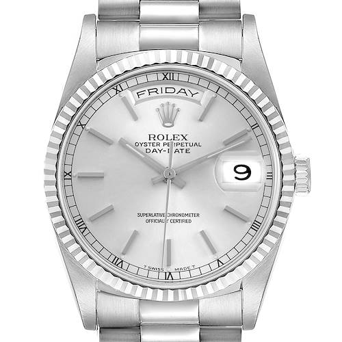 The Rolex President 18239 Men's White Gold Silver Dial 18239 Men's White Gold Silver Dial watch is shown from a front angle, displaying the dial, bezel, and part of the bracelet.