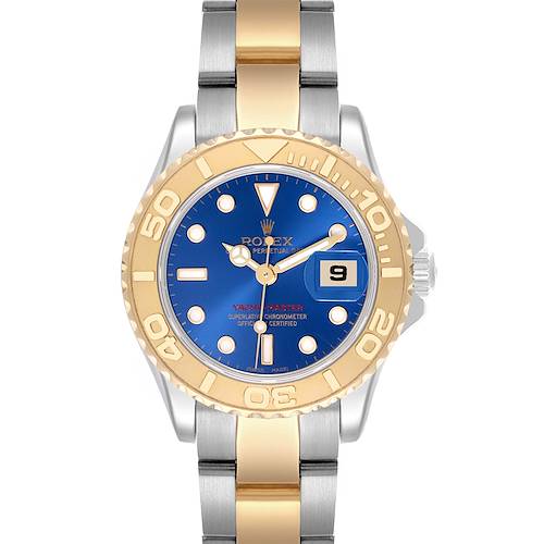 The image shows a front view of the Rolex Yacht-Master 169623 Women's Steel and Gold (two tone) Blue Dial 169623 Women's Steel and Gold (two tone) Blue Dial watch, displaying its dial, bezel, and part of the bracelet.