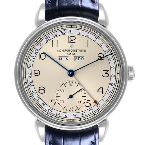 The Vacheron Constantin Historiques 3110V/000A Men's Stainless Steel Silver Dial 3110V/000A Men's Stainless Steel Silver Dial watch is shown front-on, displaying the dial, calendar, sub-dial, and blue leather strap.
