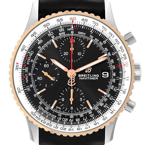 This image shows the front view of the Breitling Navitimer U13324211B1X1 Men's Steel and Gold (two tone) Black Dial U13324211B1X1 Men's Steel and Gold (two tone) Black Dial watch, highlighting the dial, hands, subdials, and bezel.