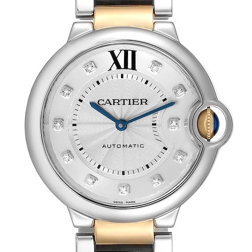 This image shows a close-up of the face and part of the strap of a Cartier Ballon Bleu W3BB0018 Women's Steel and Gold (two tone) Silver Dial W3BB0018 Women's Steel and Gold (two tone) Silver Dial watch, highlighting its dial and crown.