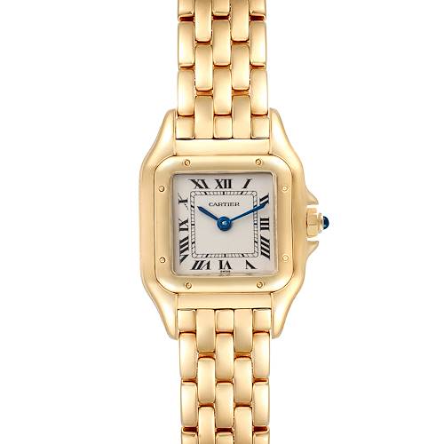 The image shows a front view of a Cartier Panthere W25022B9 Women's Yellow Gold Silver Dial W25022B9 Women's Yellow Gold Silver Dial watch, highlighting its gold case, bracelet, and Roman numeral dial.