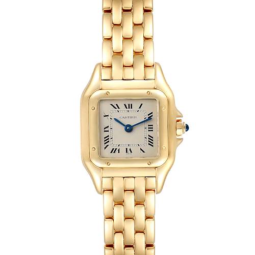 The image shows a front view of the Cartier Panthere W25022B9 Women's Yellow Gold Silver Dial W25022B9 Women's Yellow Gold Silver Dial model watch, displaying its square face, Roman numerals, and gold link bracelet.