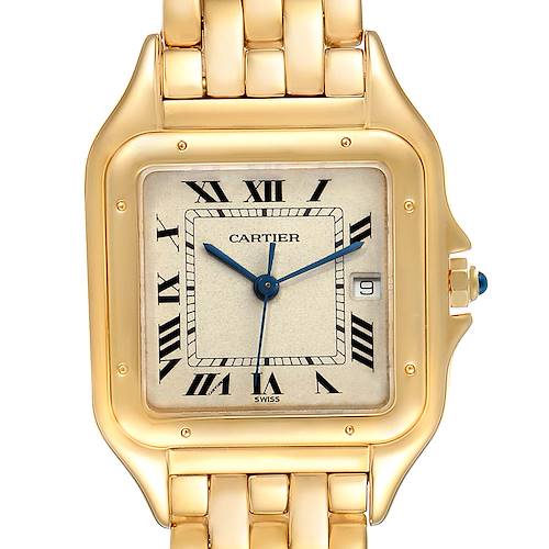 The image shows a front view of the Cartier Panthere W25014B9 Men's Yellow Gold Silver Dial W25014B9 Men's Yellow Gold Silver Dial watch, highlighting the face, case, and part of the bracelet.