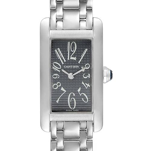 The image shows a front view of a Cartier Tank Americaine 1713 Women's White Gold Grey Dial 1713 Women's White Gold Grey Dial watch, featuring its face and part of the metal bracelet.