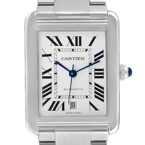 The Tank Solo model by Cartier is shown from the front, displaying the face, Roman numerals, blue hands, crown, and part of the metal bracelet.