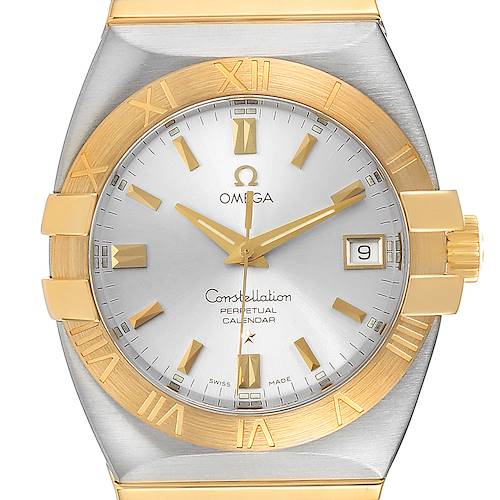 The image shows a front view of an Omega Constellation 1213.30.00 Men's Steel and Gold (two tone) Silver Dial 1213.30.00 Men's Steel and Gold (two tone) Silver Dial model watch, displaying its dial, bezel, and crown.