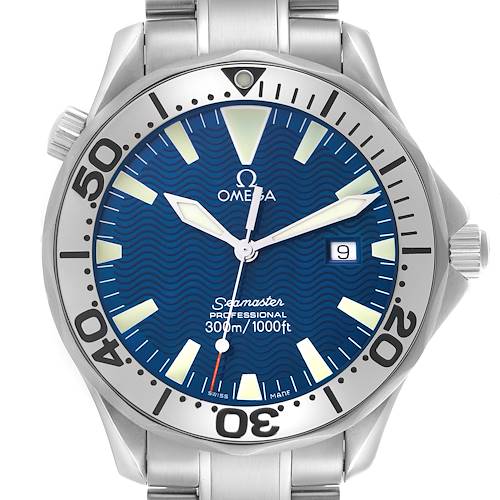 The Omega Seamaster 2265.80.00 Men's Stainless Steel Blue Dial 2265.80.00 Men's Stainless Steel Blue Dial watch is shown from a front angle, displaying the dial, bezel, crown, and a section of the bracelet.