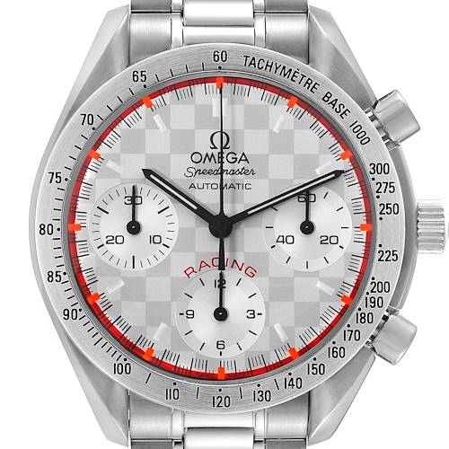 This image shows a front view of the Omega Speedmaster 3517.30.00 Men's Stainless Steel Silver Dial 3517.30.00 Men's Stainless Steel Silver Dial watch, detailing the dial, hands, markers, sub-dials, and tachymeter.