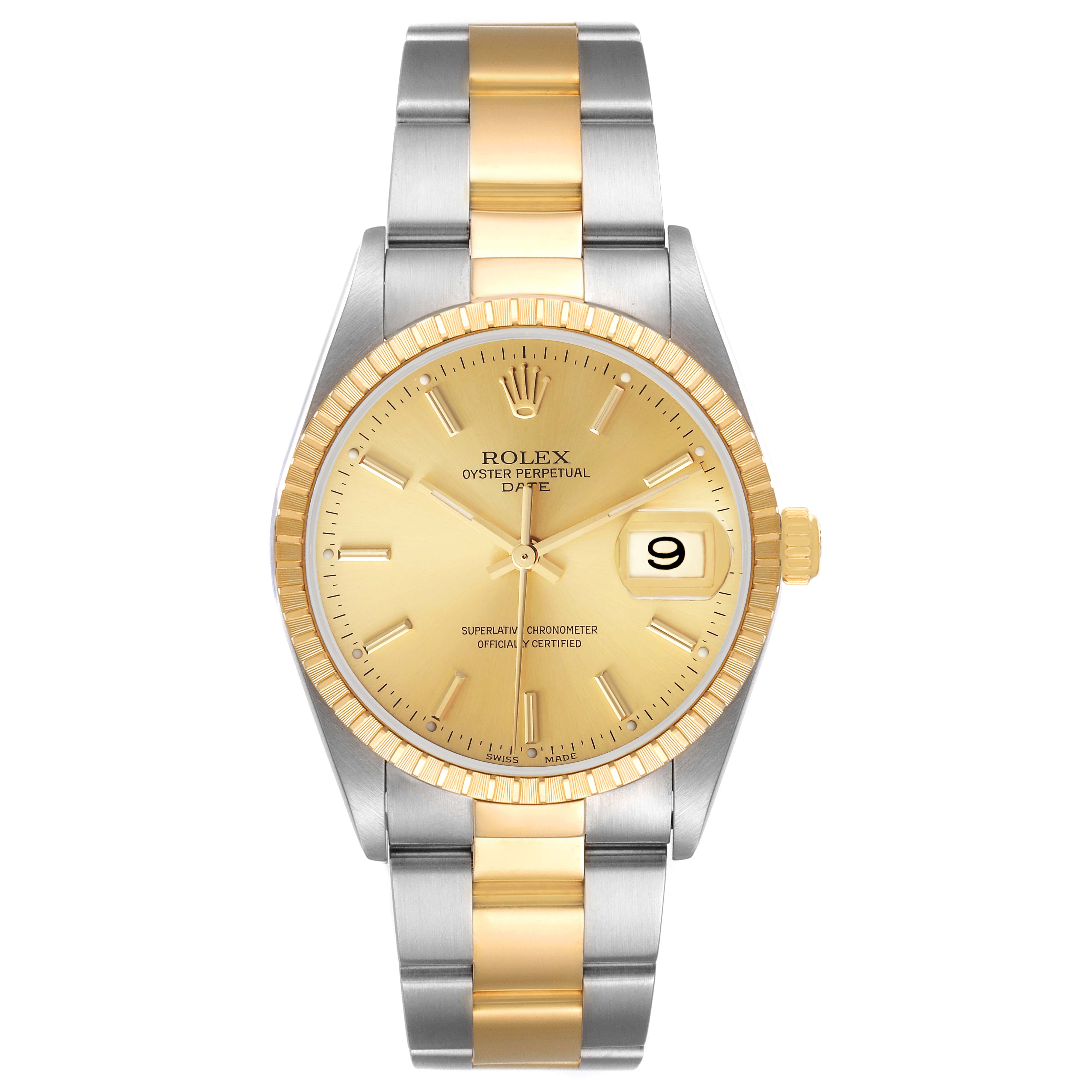 The image shows a Rolex Oyster Perpetual Date model watch from the front, highlighting its gold dial, date window, and two-tone metal band.