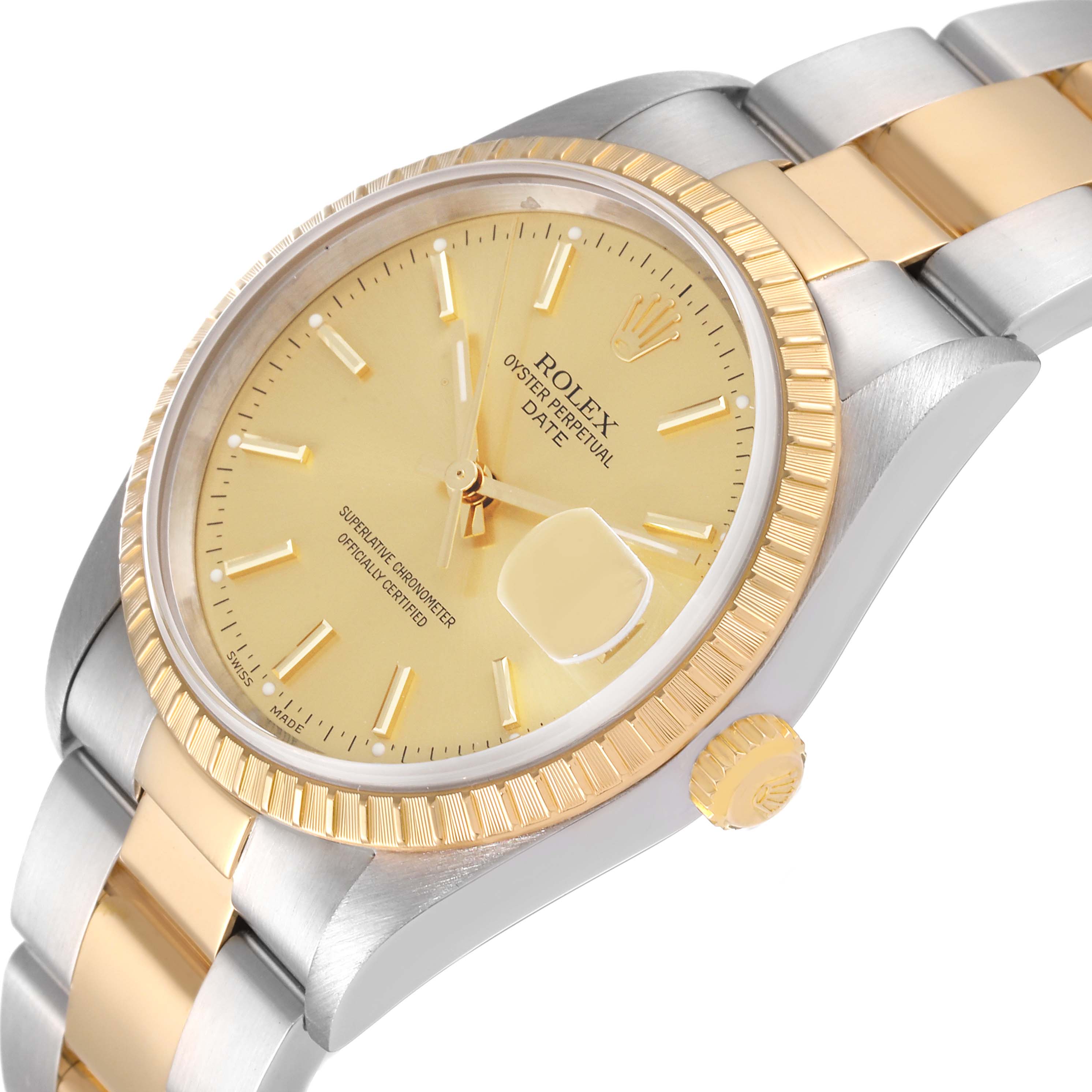 The image shows a close-up angle of a Rolex Date 15223 Men's Steel and Gold (two tone) Champagne Dial 15223 Men's Steel and Gold (two tone) Champagne Dial model watch, highlighting the dial, bezel, and part of the bracelet.