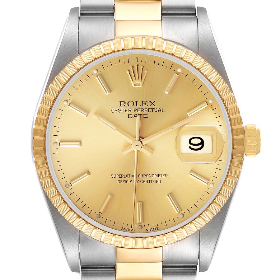 The image shows a front view of a Rolex Date 15223 Men's Steel and Gold (two tone) Champagne Dial 15223 Men's Steel and Gold (two tone) Champagne Dial model watch, highlighting the gold dial, bezel, and two-tone bracelet.