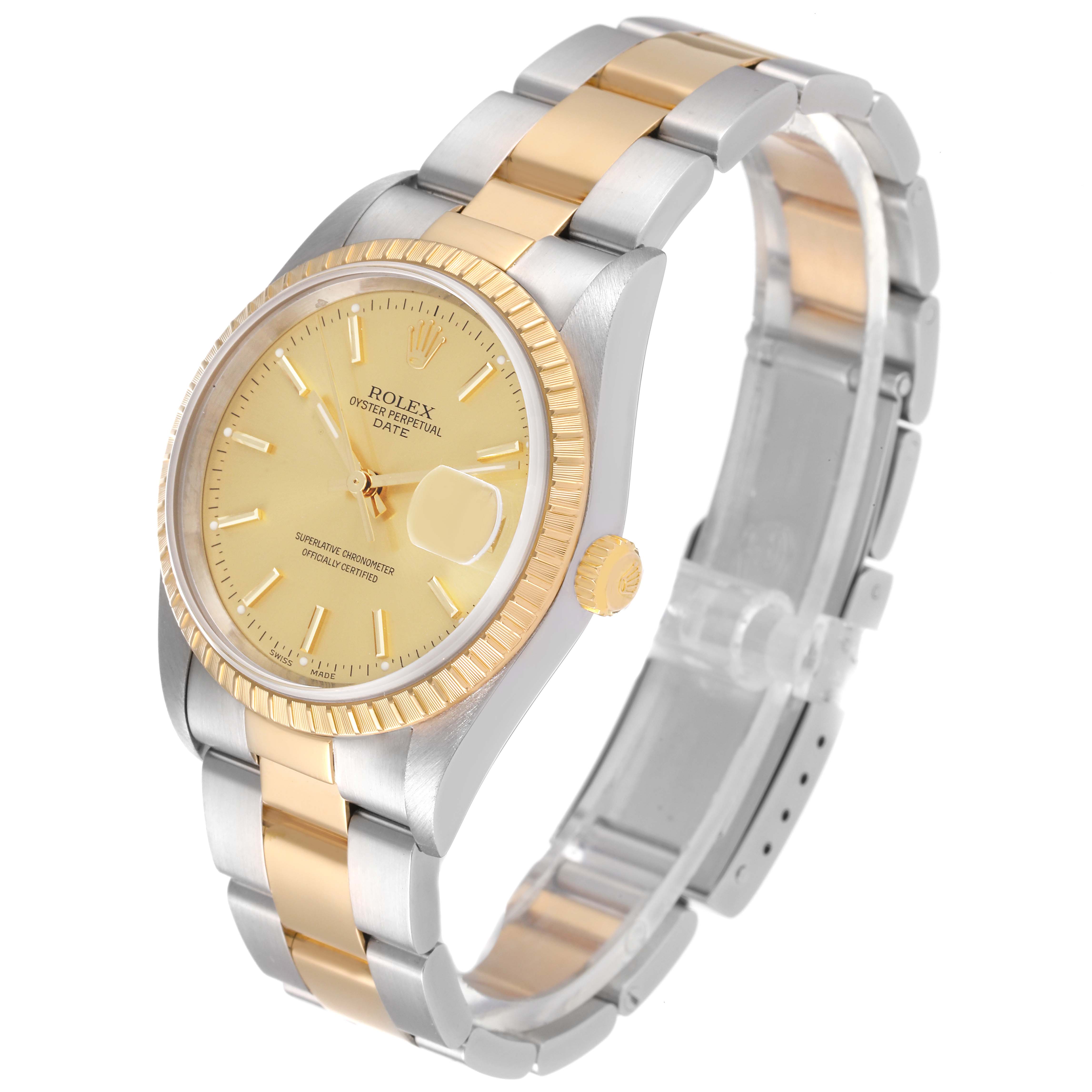 The image shows a Rolex Date 15223 Men's Steel and Gold (two tone) Champagne Dial 15223 Men's Steel and Gold (two tone) Champagne Dial model watch at an angled view, highlighting its dial, bracelet, and crown.