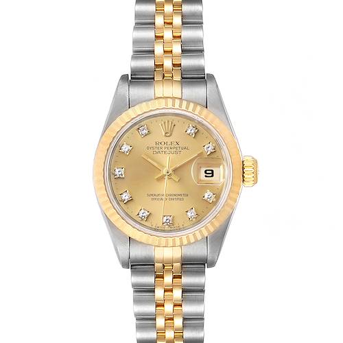 This Rolex Datejust 69173 Women's Steel and Gold (two tone) Champagne Dial 69173 Women's Steel and Gold (two tone) Champagne Dial model watch is shown from the front, featuring its face, bezel, and part of its bracelet.