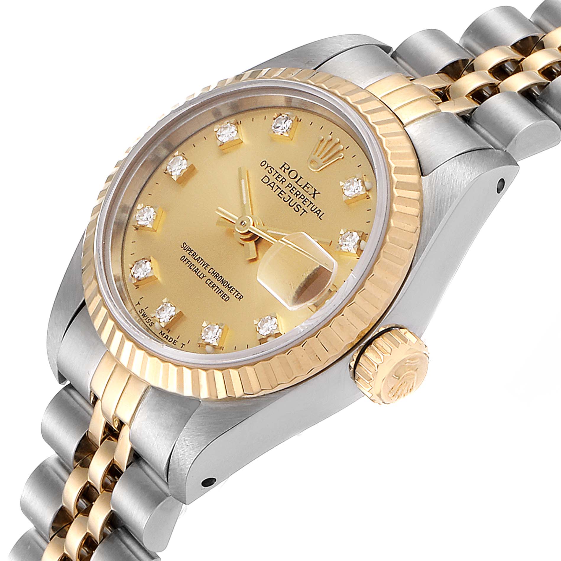 The Rolex Datejust 69173 Women's Steel and Gold (two tone) Champagne Dial 69173 Women's Steel and Gold (two tone) Champagne Dial watch is shown at an angle highlighting its dial, bezel, crown, and two-tone bracelet.