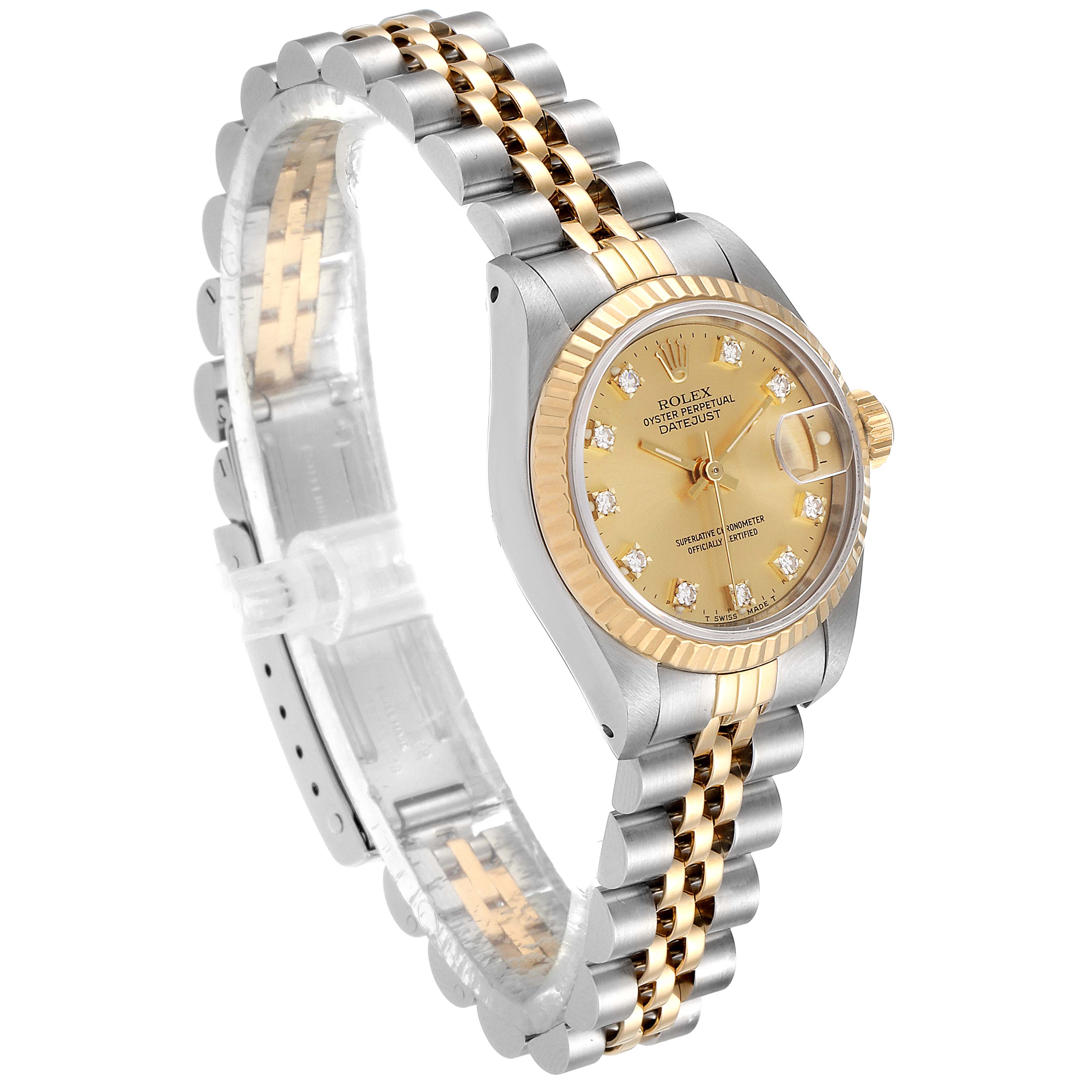 This image shows a Rolex Datejust 69173 Women's Steel and Gold (two tone) Champagne Dial 69173 Women's Steel and Gold (two tone) Champagne Dial watch at an oblique angle, highlighting the face, bezel, and two-tone bracelet.