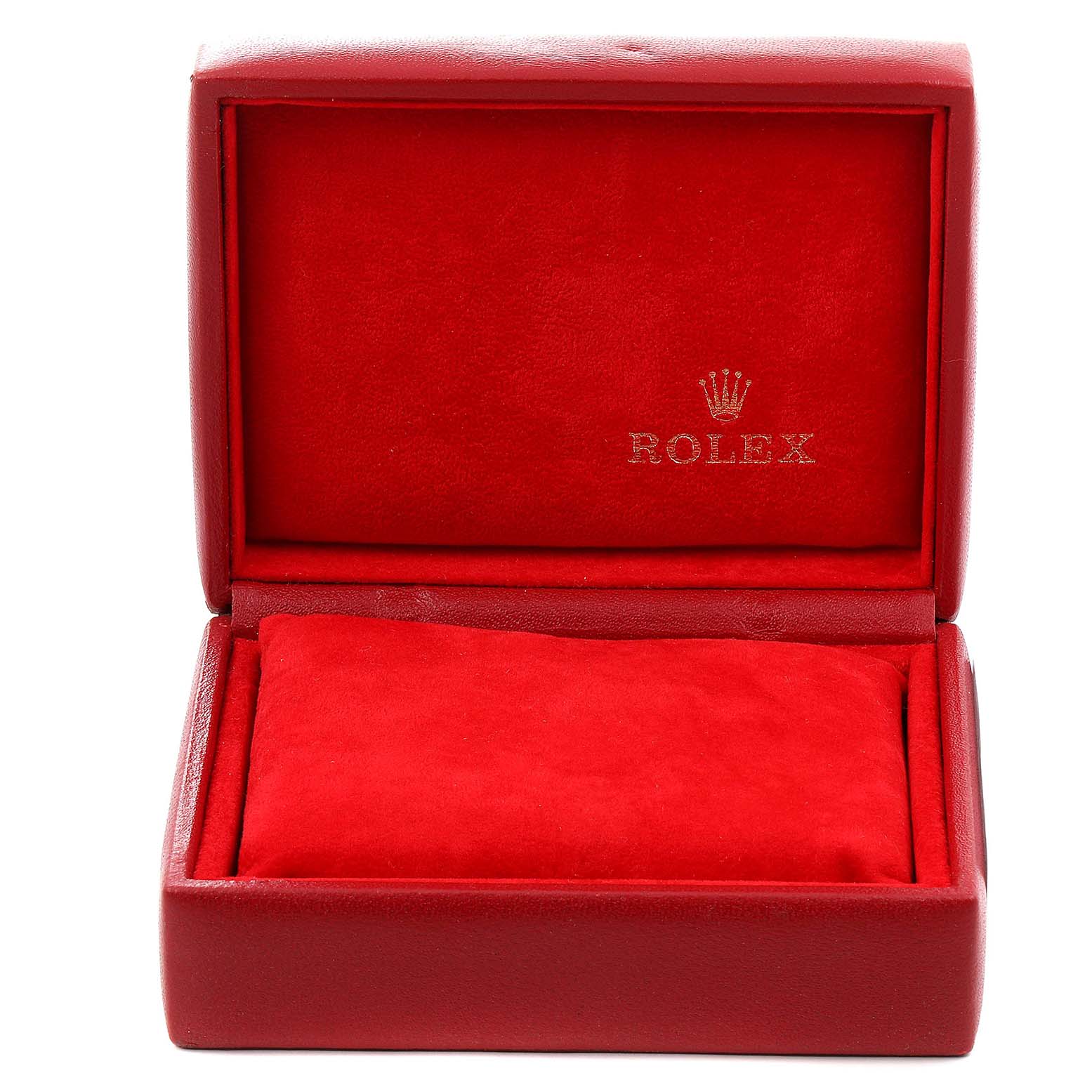 The image shows an open red Rolex watch box for the Datejust model, displaying the brand logo on the inside lid.
