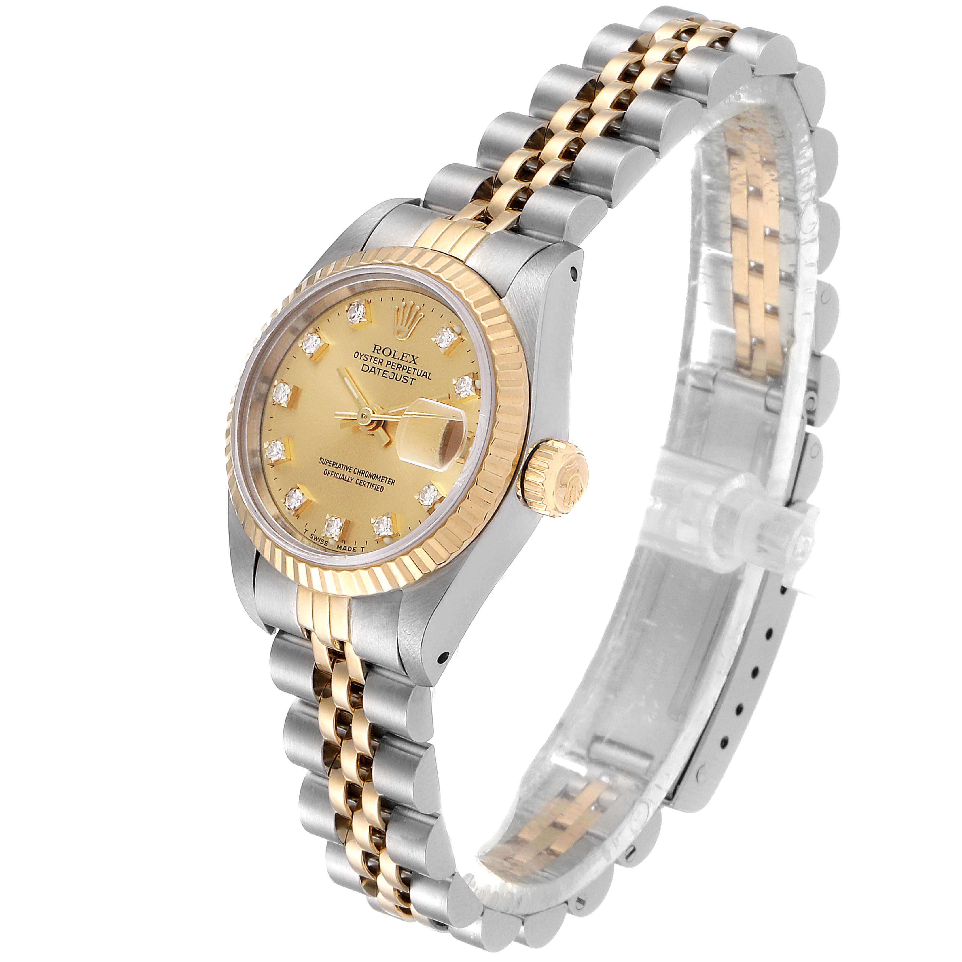 This image shows a side angle of the Rolex Datejust 69173 Women's Steel and Gold (two tone) Champagne Dial 69173 Women's Steel and Gold (two tone) Champagne Dial watch, highlighting its bezel, dial, crown, and two-tone bracelet.