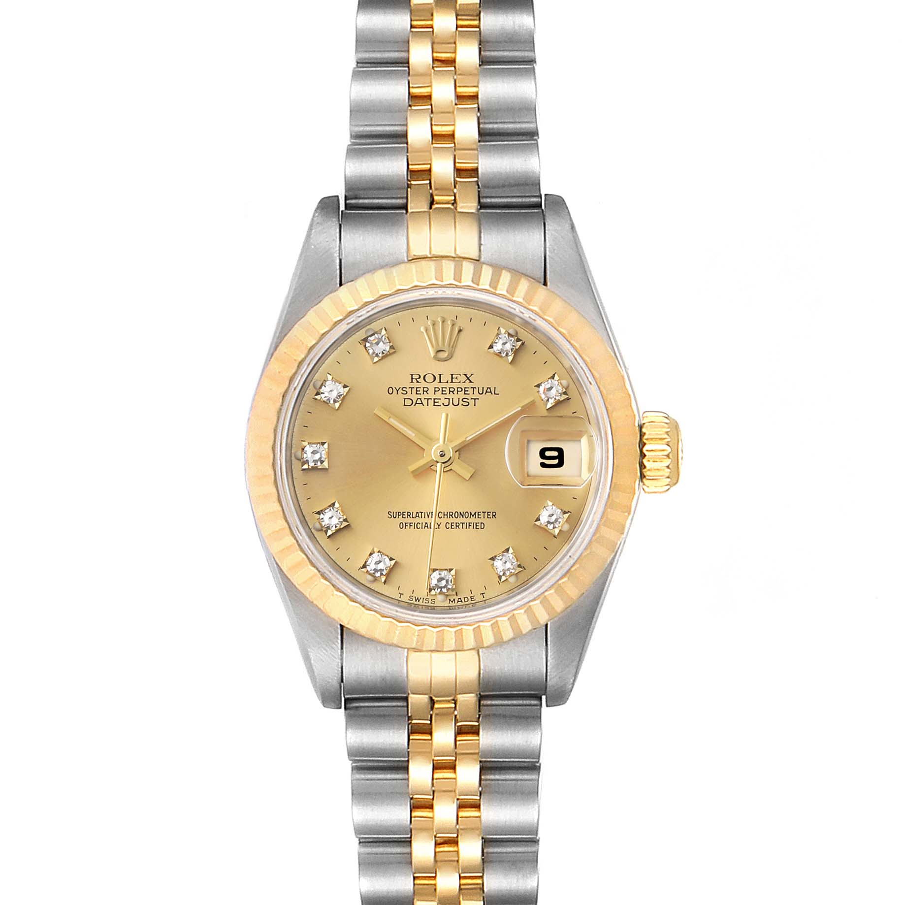 The image shows a frontal view of a Rolex Datejust 69173 Women's Steel and Gold (two tone) Champagne Dial 69173 Women's Steel and Gold (two tone) Champagne Dial watch, displaying its dial, bezel, and part of its two-tone bracelet.