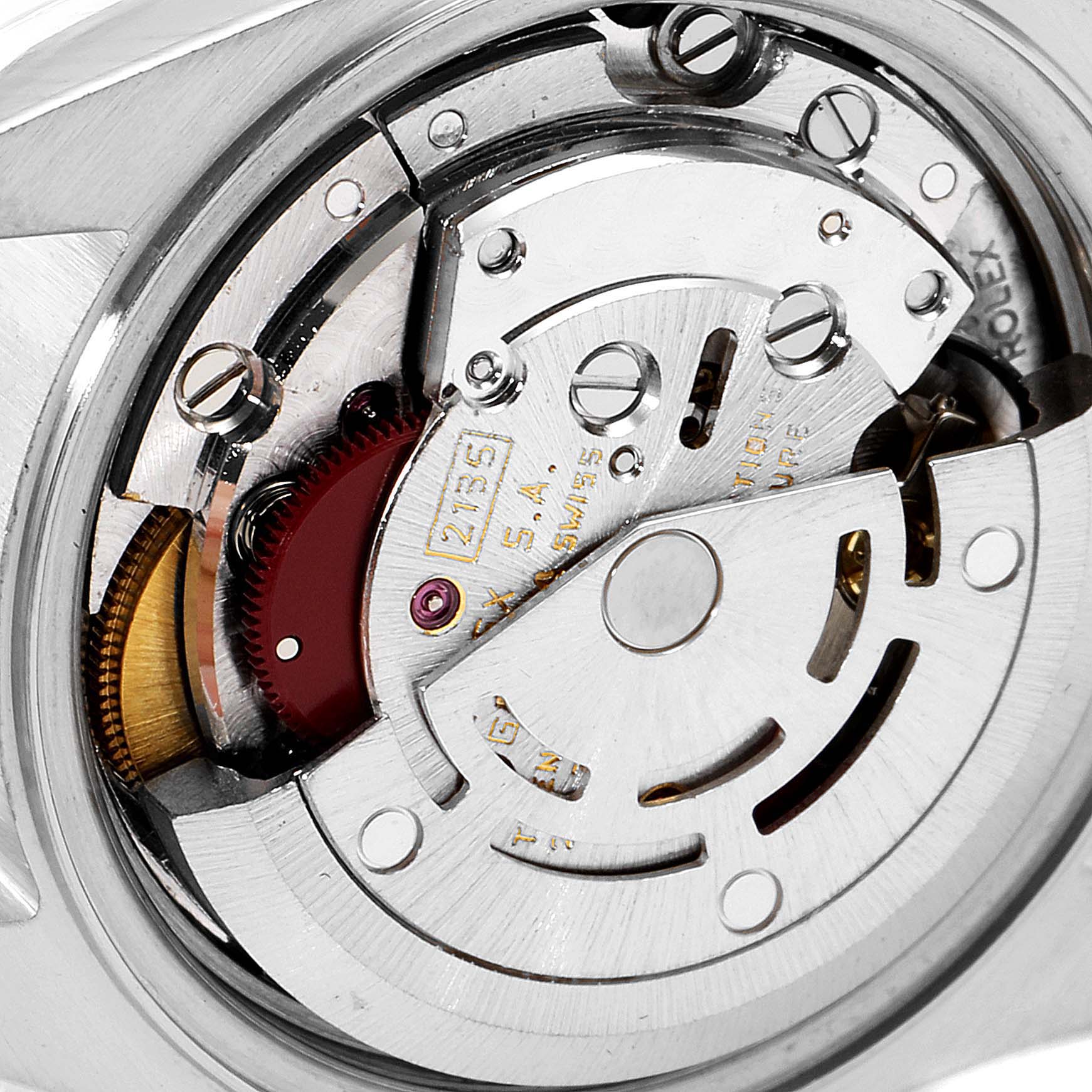 This image shows a close-up view of the movement mechanism inside a Rolex Datejust 69173 Women's Steel and Gold (two tone) Champagne Dial 69173 Women's Steel and Gold (two tone) Champagne Dial watch.