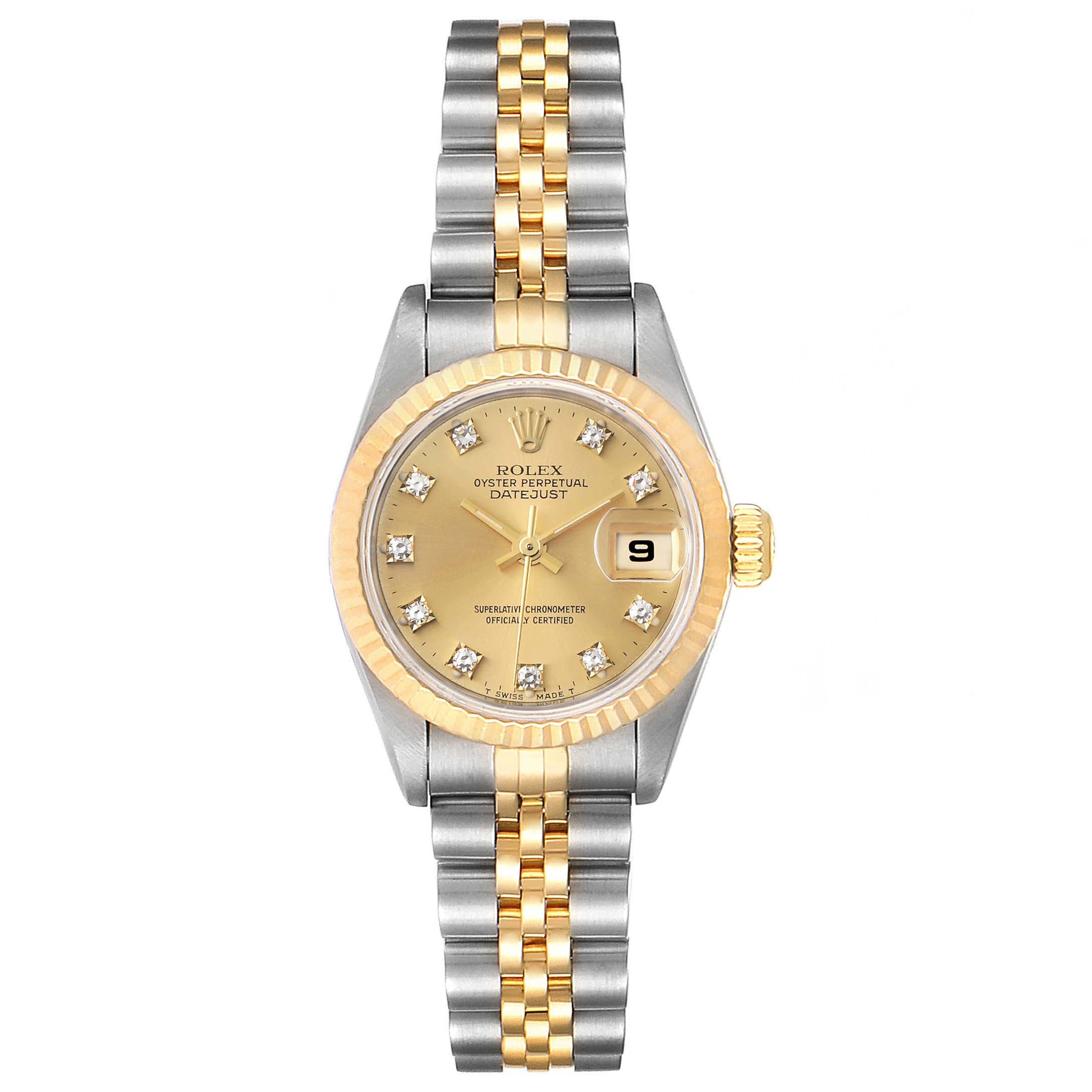 The image shows a front view of a Rolex Datejust 69173 Women's Steel and Gold (two tone) Champagne Dial 69173 Women's Steel and Gold (two tone) Champagne Dial watch featuring a gold and silver two-tone bracelet and diamond-set dial.